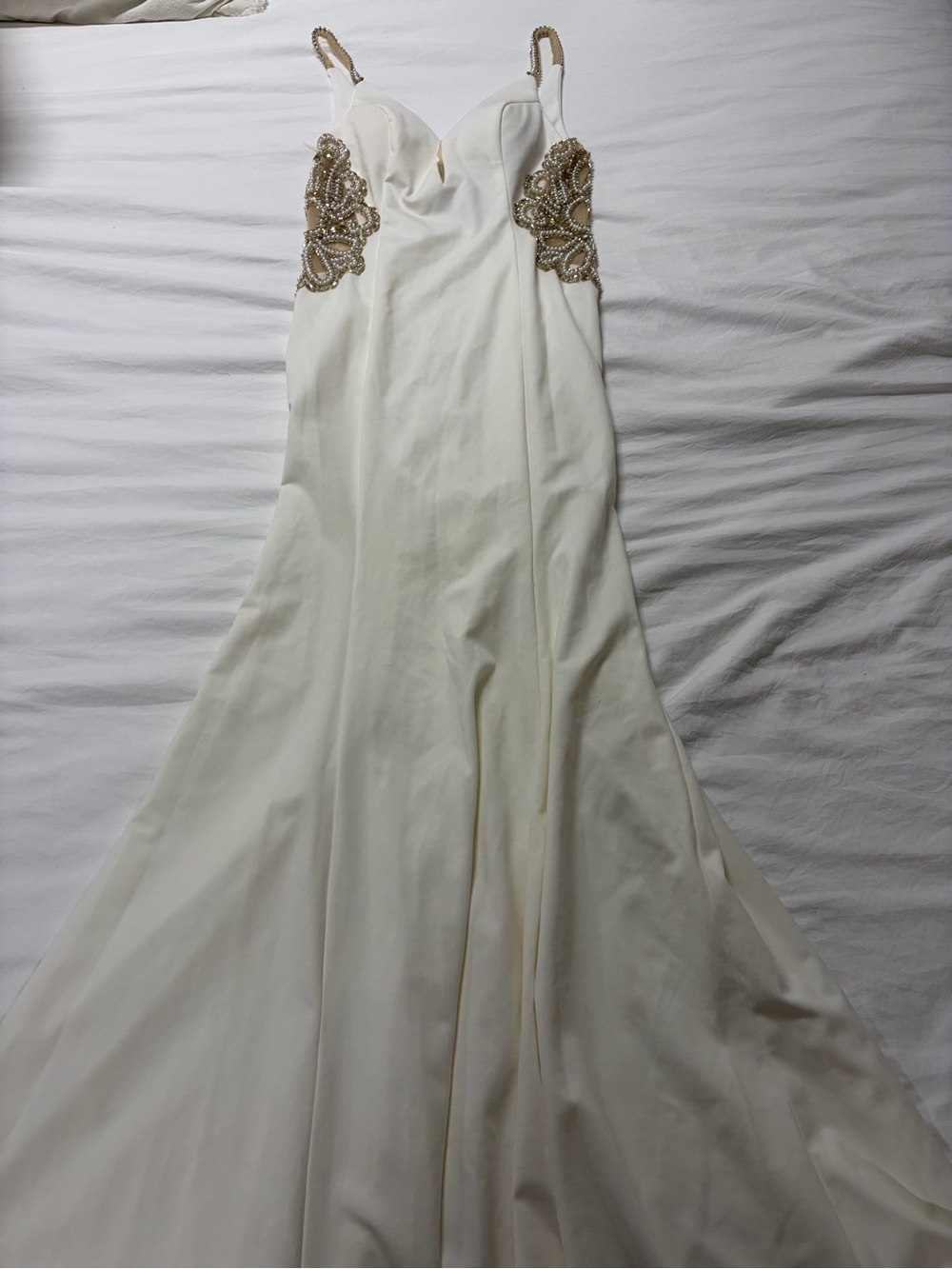 Fashion Nova Ivory Gown with Gold Beaded Side Accents - Picture 3 of 6